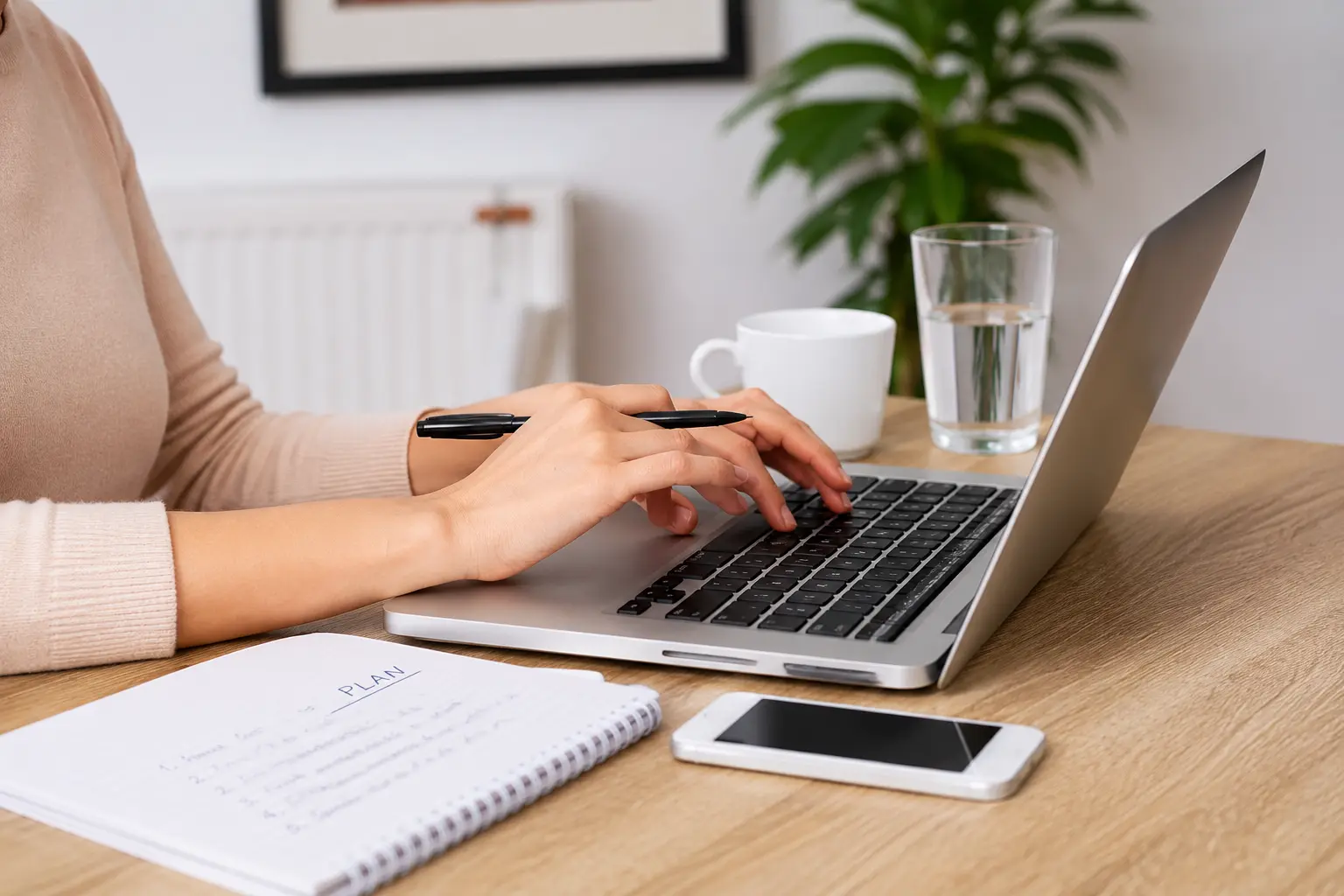 A person types on a laptop at a wooden desk, surrounded by a notebook labeled "PLAN," a smartphone, a white cup, and a glass of water.